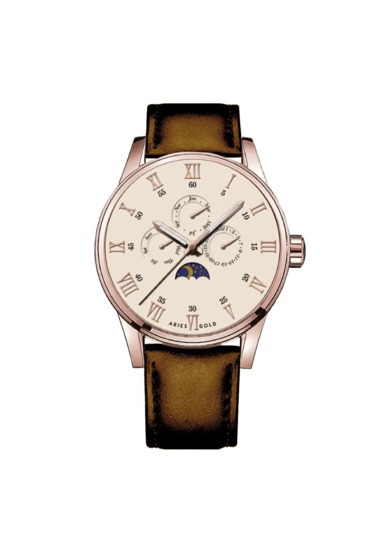 Aries Gold G 7019 RG-BEI Multifunction Leather Strap Men's Watch