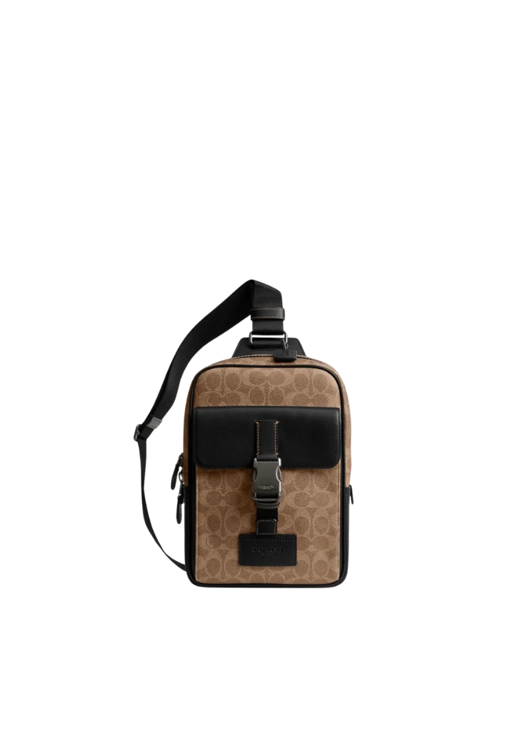 Coach Track Pack Crossbody Bag Signature Canvas In Tan Black CX880