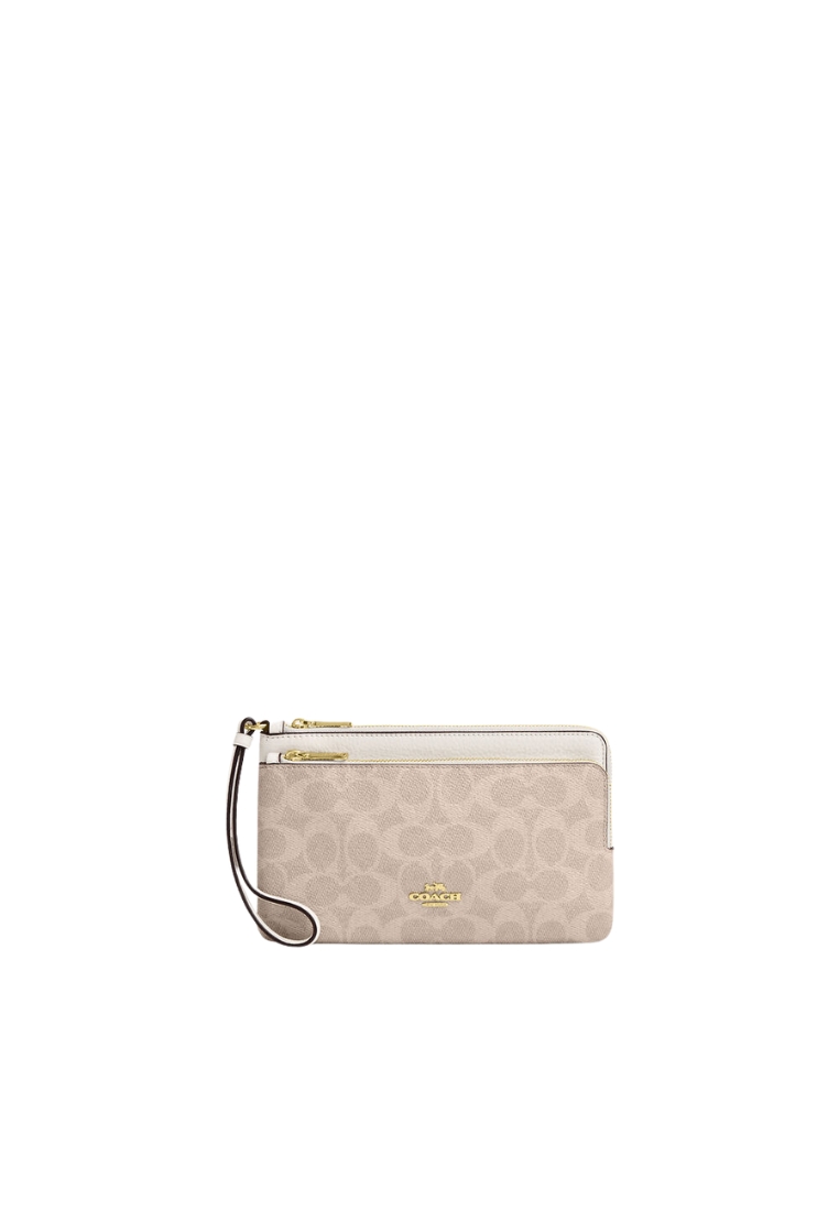Coach Double Zip Wristlet Signature Canvas In Sand Chalk CX161