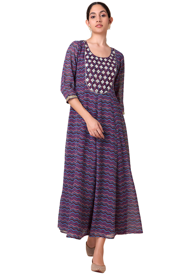 Indya Purple Chevron Ajrak Print Anarkali Kurta