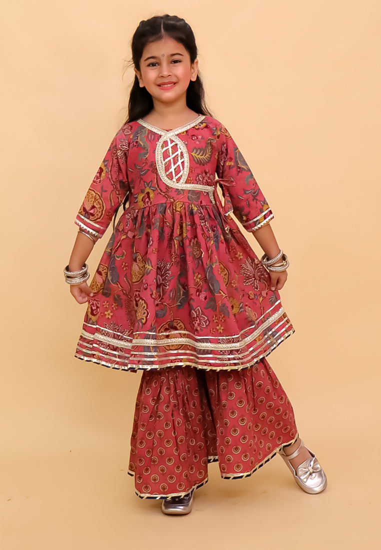 The Mom Store Aangan Aabha Block Print Girls Anarkali Sharara Set - Multi