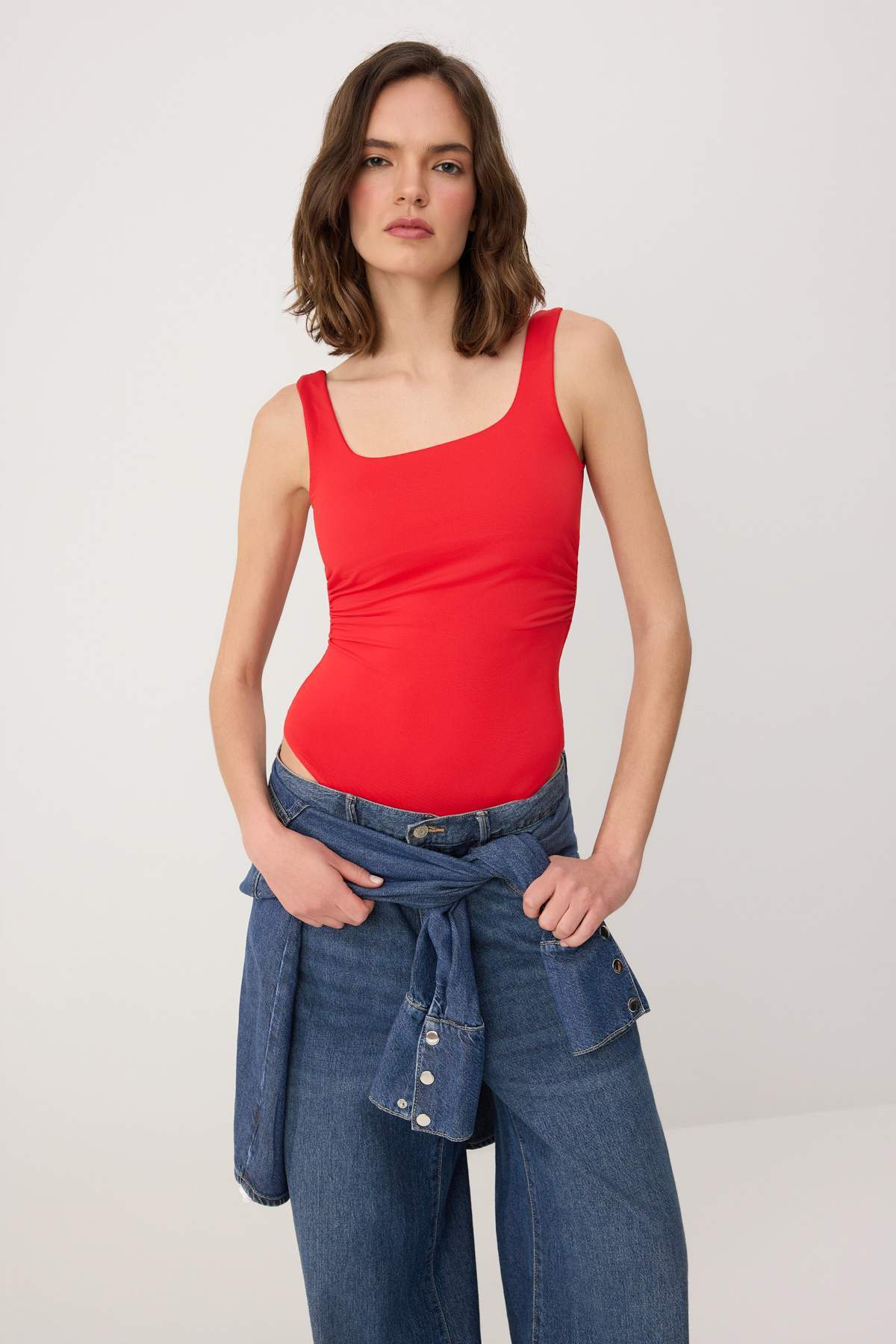 Trendyol Pomegranate Flower Plain Regular Square Neck Sleeveless Ruched Snaps Polyamide Knitted Body