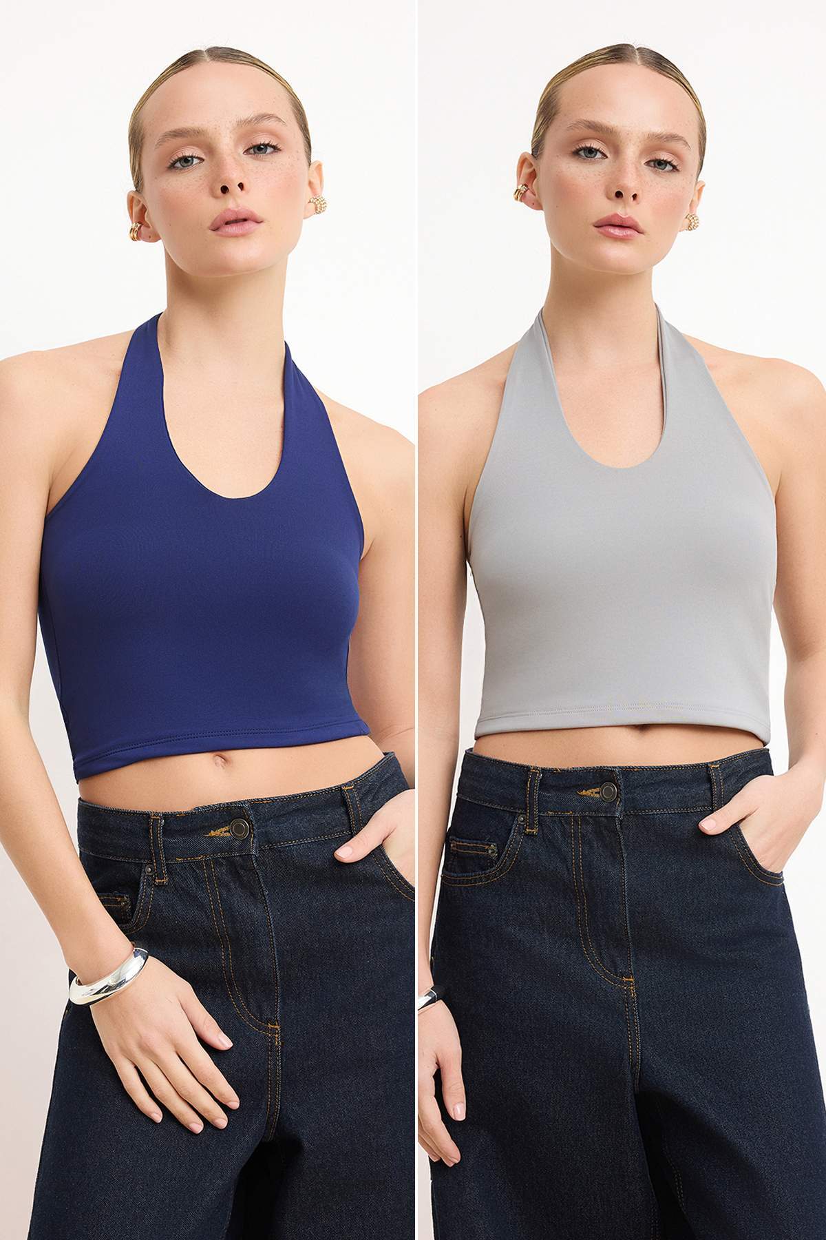 Trendyol Navy Blue-Grey Melange Halter Neck Bodycon Crop Stretchy Knitted Blouse Twoaw26Bz251