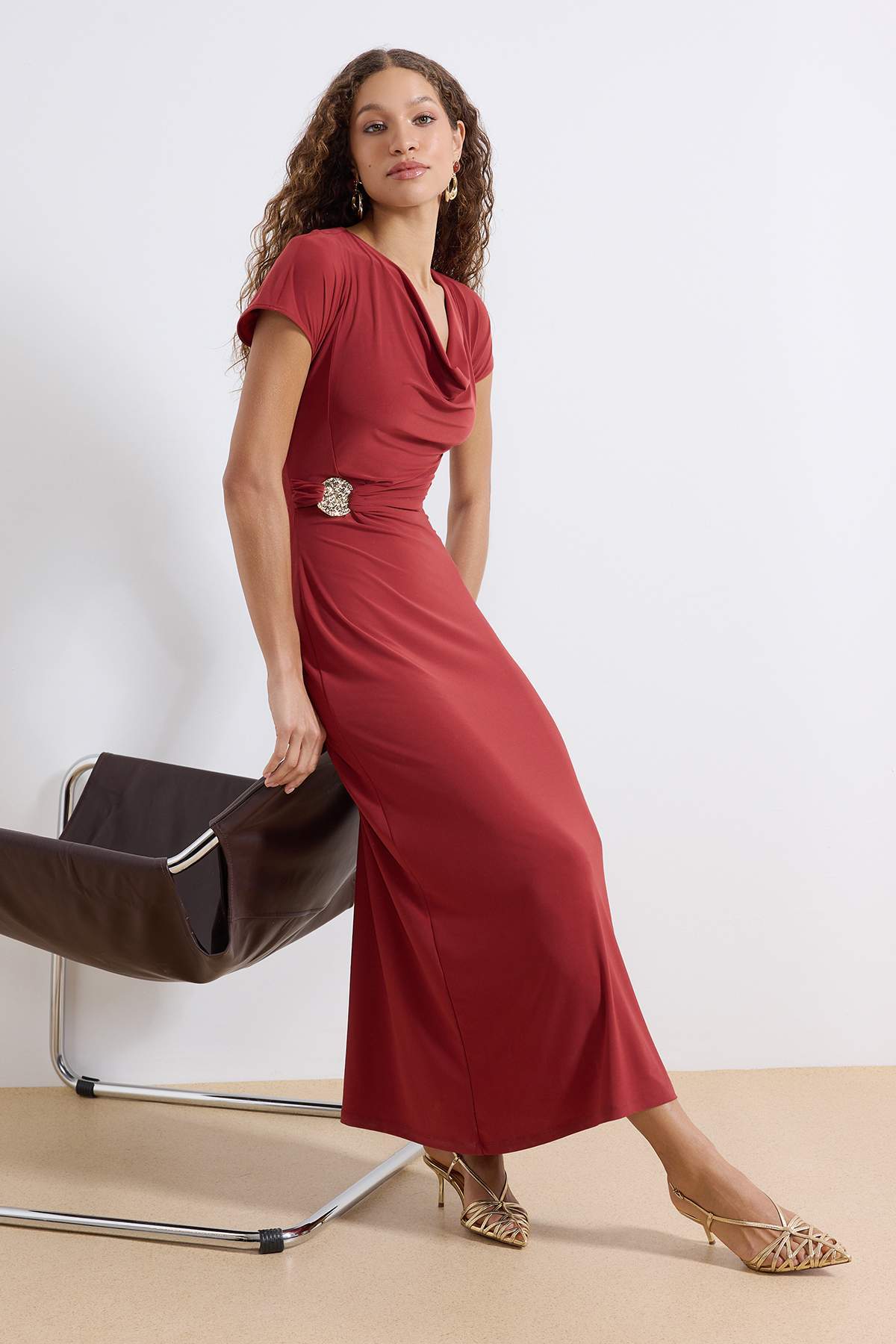 Trendyol Tile A-Line/Bell-Shaped Form Degaje Collar Accessory Detail Maxi Stretchy Knitted Dress Two
