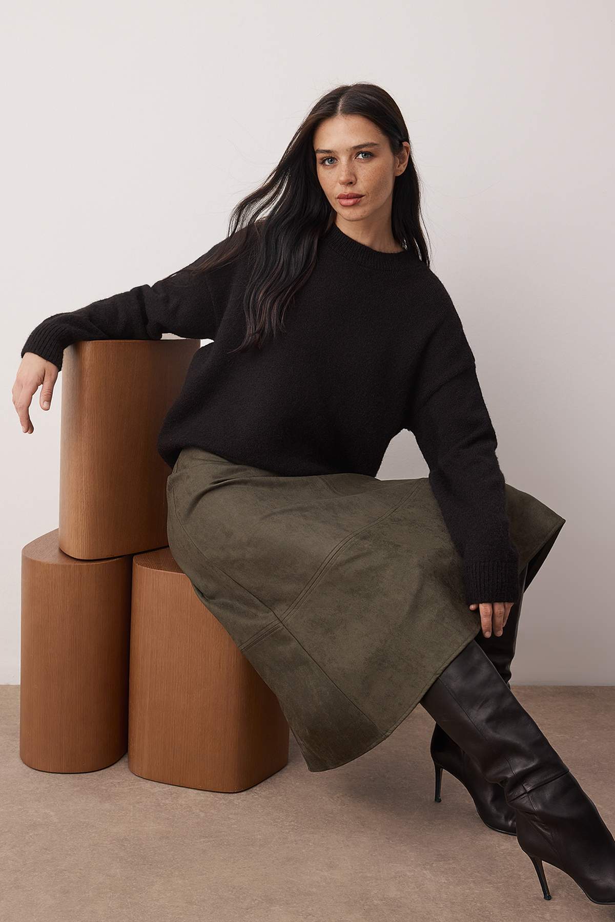 Trendyol Khaki A Line Midi Knitted Suede Skirt Twoaw26Et128