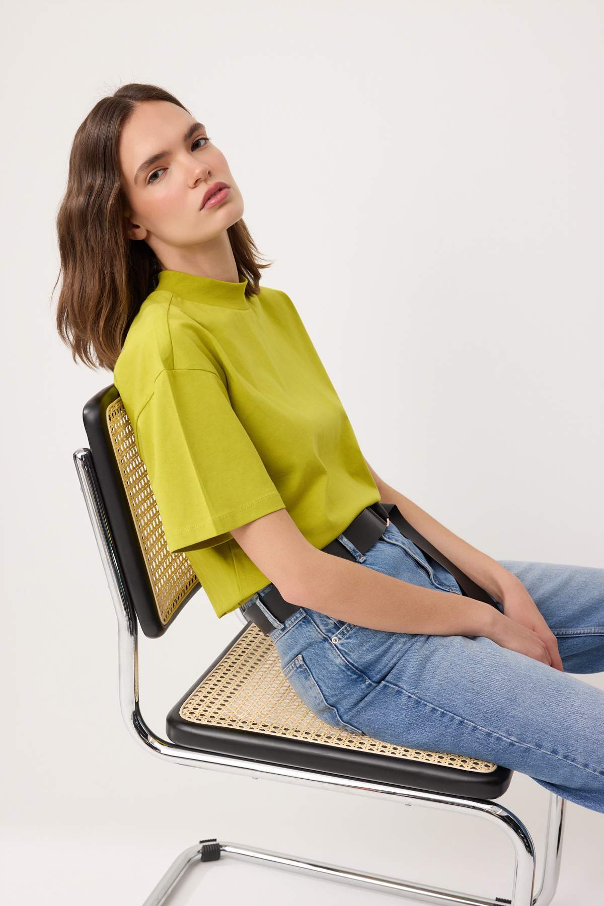 Trendyol Oil Green 1% Thick Cotton Stand Collar Three Quarter Sleeve Knitted T-Shirt Twoss24Ts74