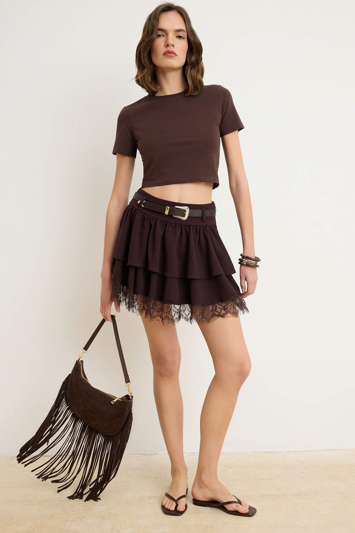 Trendyol Brown Skater Lace Detailed Regular Waist Belted Mini Scuba Crepe Knitted Skirt Twoss26Et179