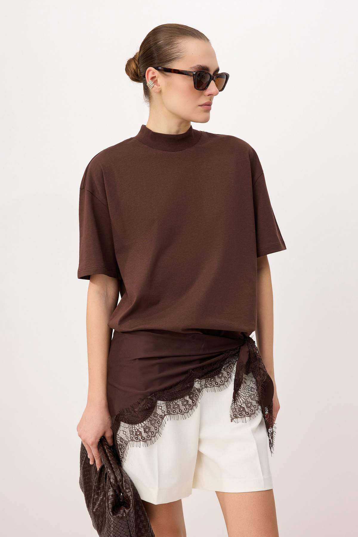 Trendyol Brown 1% Thick Cotton Stand-Up Collar Three-Quarter Sleeve Knitted T-Shirt Twoss24Ts74