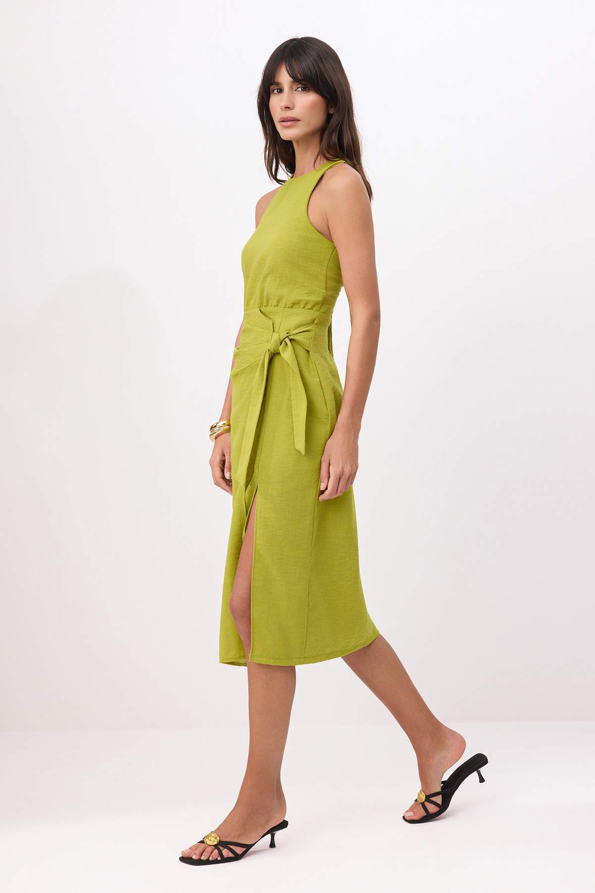 Trendyol Oil Green Straight Tie Detail Midi Woven Dress Twoss25El777