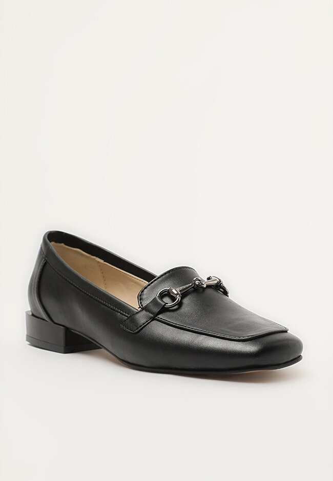 black womens loafers with gold buckle